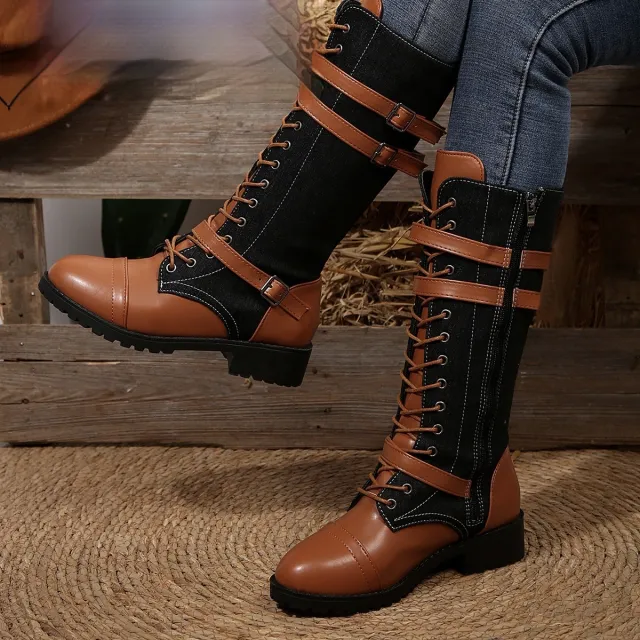 Round Toe Rivet Belt Buckle Square Heel Boots Yellow - Shop at LoveMi