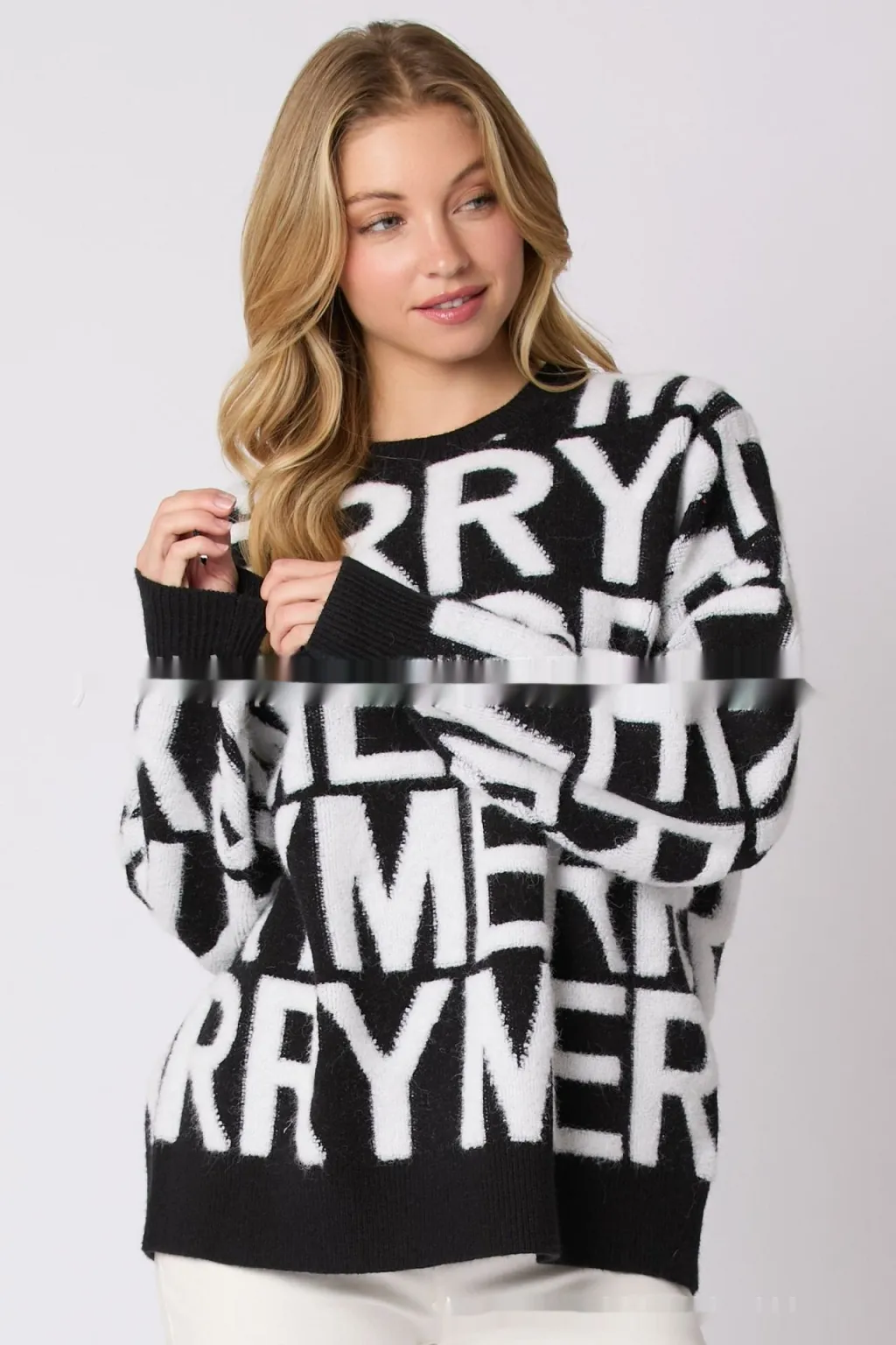 Women's Christmas Letter Loose Pullover Sweater - Black