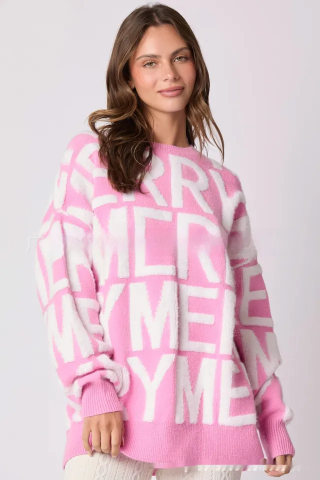Women's Christmas Letter Loose Pullover Sweater Pink - Shop at LoveMi