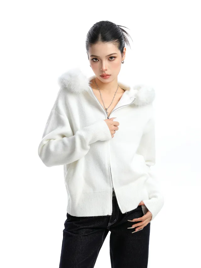 Women's Zipper Cardigan Beige Fur Collar Hood Coat White - Shop at LoveMi