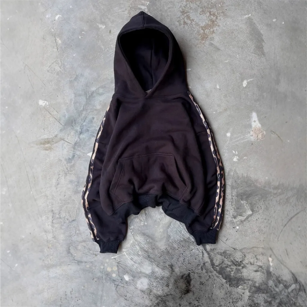 Vintage Print Long Sleeve Pullover Hoodie - Black