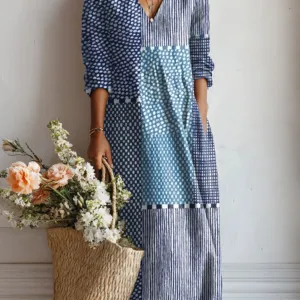 Women's Casual Loose Floral Long-sleeved Shirt Dress - Blue