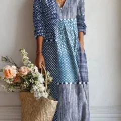 Women's Casual Loose Floral Long-sleeved Shirt Dress - Blue - View 1