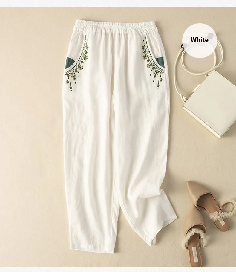 Cotton And Linen Embroidery Baggy Pants Pocket Loose All-matching - White