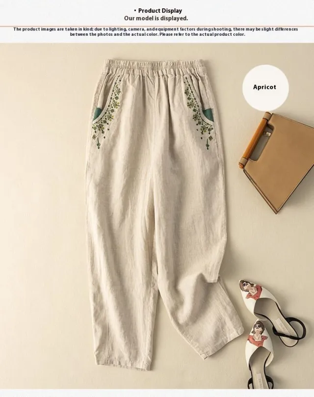 Cotton And Linen Embroidery Baggy Pants Pocket Loose All matching Apricot - Shop at LoveMi