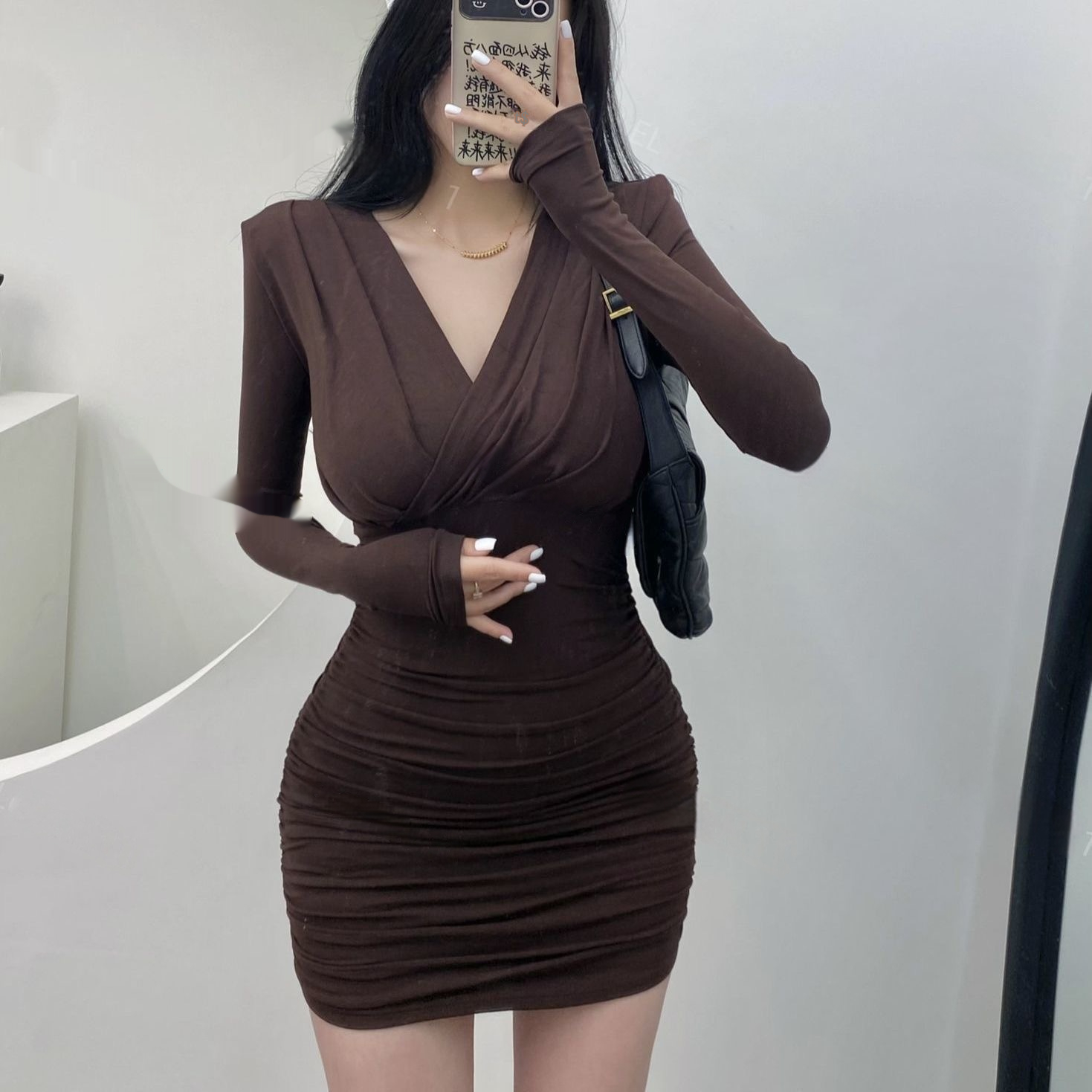 Mature Adult Lady Like Woman Style Stretch Long Sleeve Dress For Women Coffee - Shop at LoveMi
