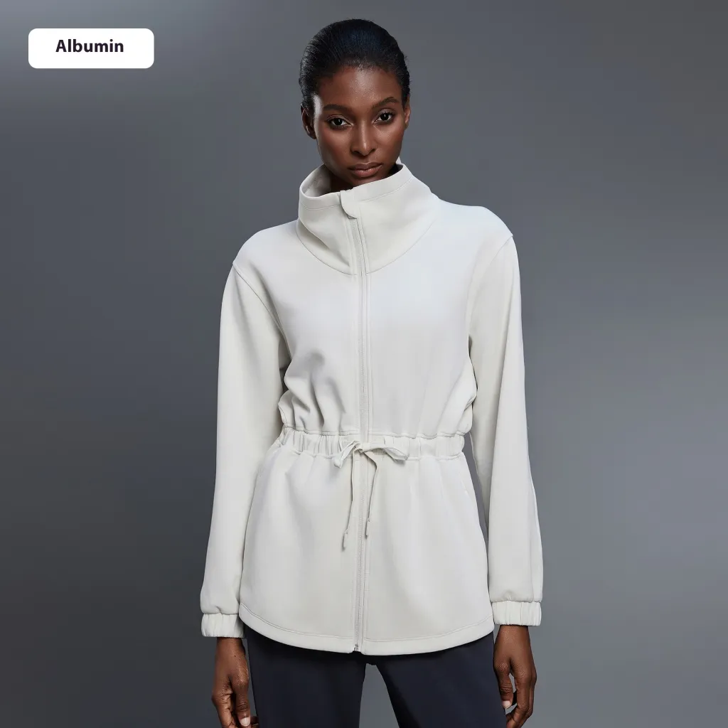 Air Layer Stand Collar Mid-length Coat Women's Drawstring Waist Jacket - Albumin