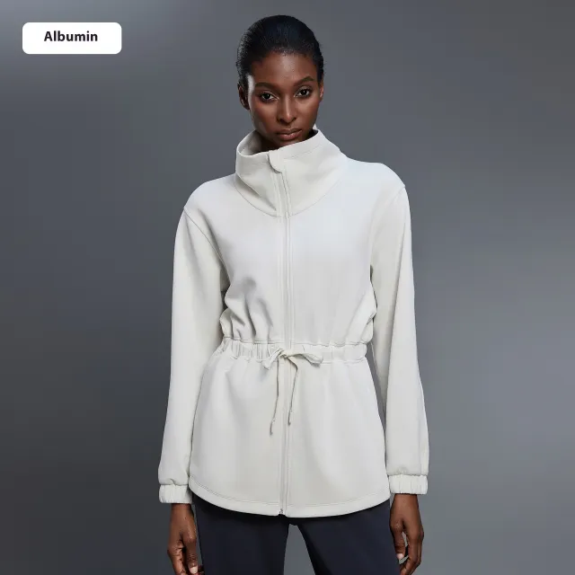 Air Layer Stand Collar Mid length Coat Women's Drawstring Waist Jacket Albumin - Shop at LoveMi