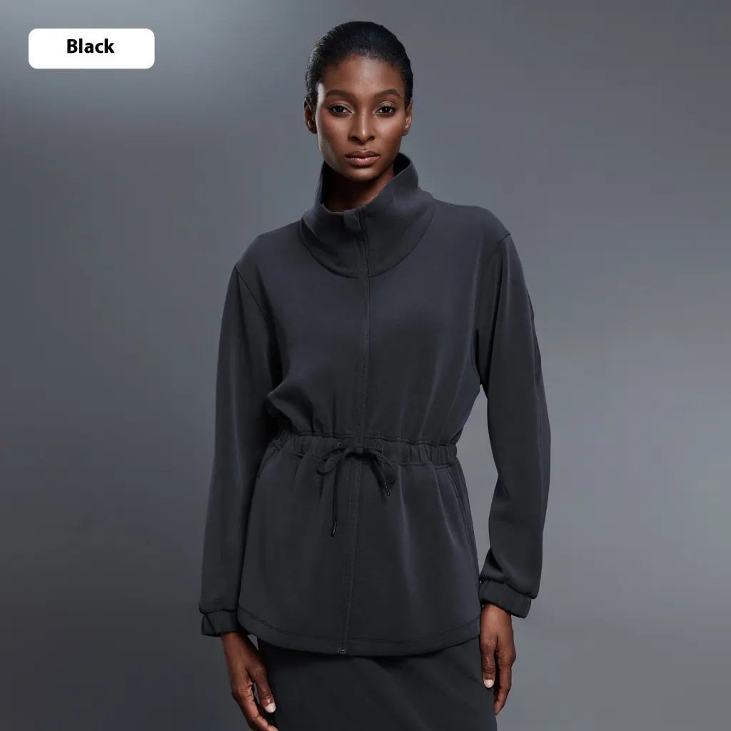 Air Layer Stand Collar Mid-length Coat Women's Drawstring Waist Jacket - Black