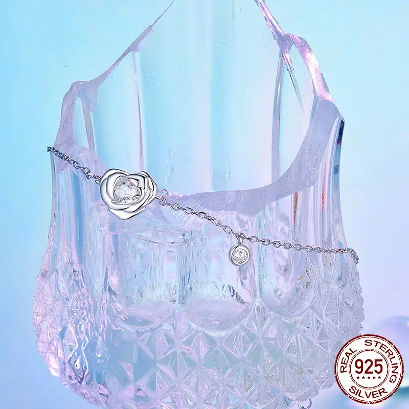 925 Sterling Silver White Gold Plated Love Rose Bracelet
