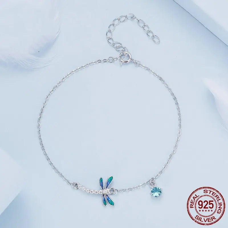 Sterling Silver White Gold Plated Dripping Zircon Dragonfly Bracelet