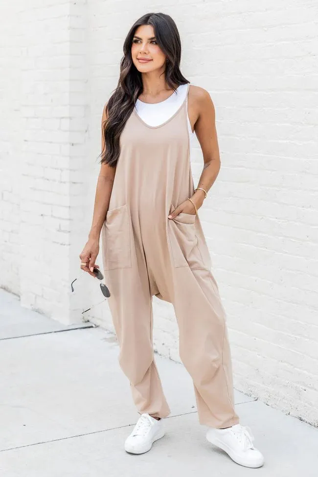 Fashion Big Pocket Solid Color Loose Suspender Overalls Women - Khaki