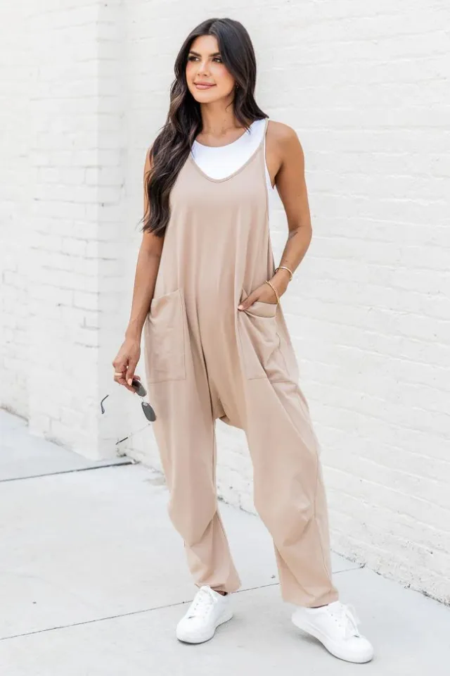 Fashion Big Pocket Solid Color Loose Suspender Overalls Women Khaki - Shop at LoveMi