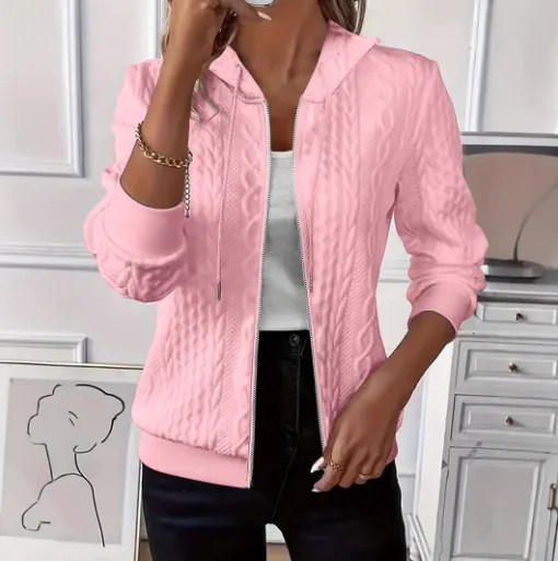 Solid Color Long Sleeve Knitted Zipper Hoodie Coat Pink 1 - Shop at LoveMi