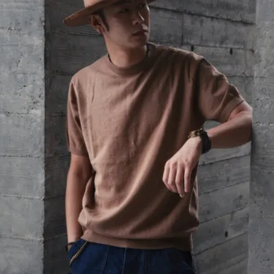 Pure Cotton Yarn Knitted Men's Short-sleeved T-shirt Round Neck