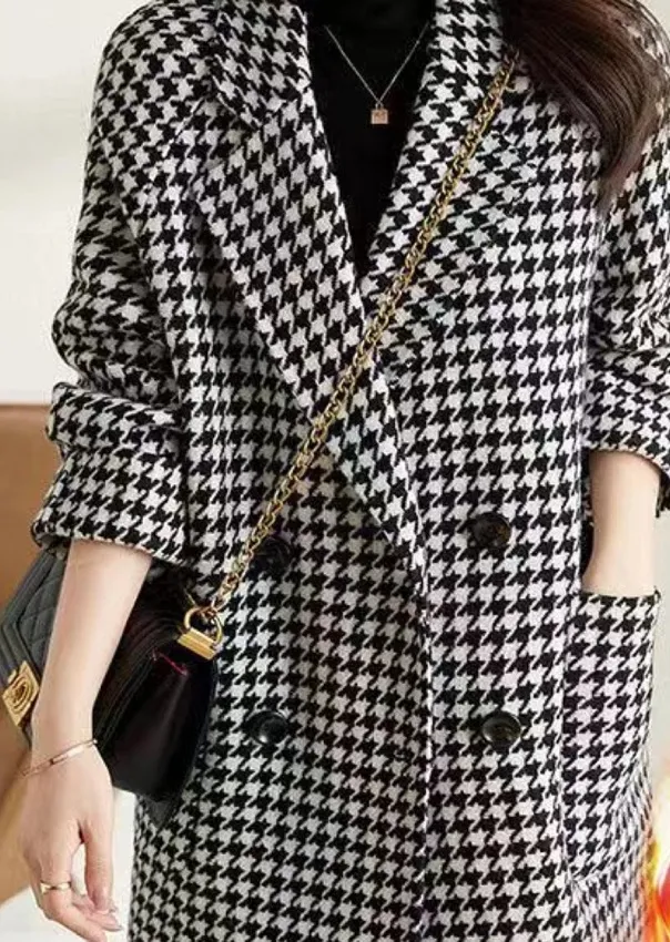 Suit Collar Houndstooth Woolen Coat Woman Black - Shop at LoveMi