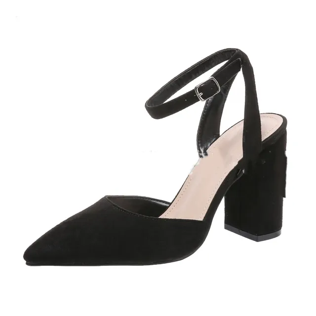 Women's Large Size Hollow Pointed Chunky Heel High Heels Black - Shop at LoveMi