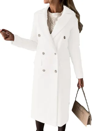 Double Breasted Lapel Coat Winter Fashion Solid Slim Long Jacket Long Sleeve Tops Womens Clothing - White