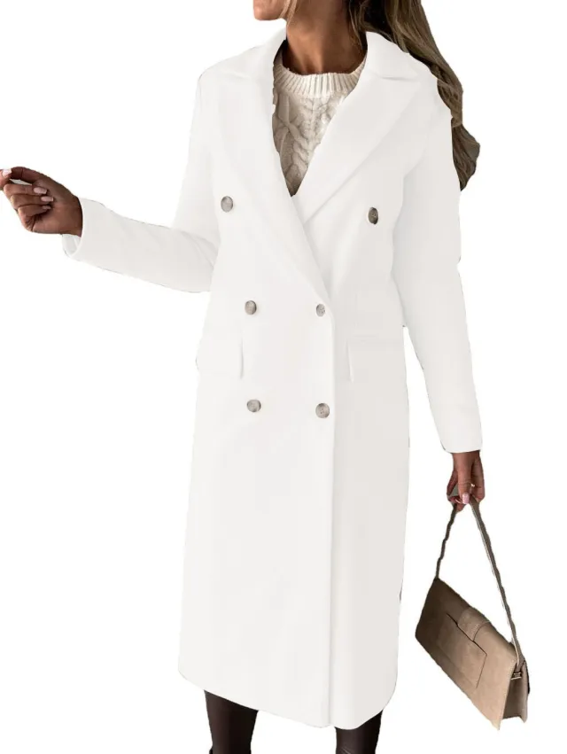 Double Breasted Lapel Coat Winter Fashion Solid Slim Long Jacket Long Sleeve Tops Womens Clothing White - Shop at LoveMi