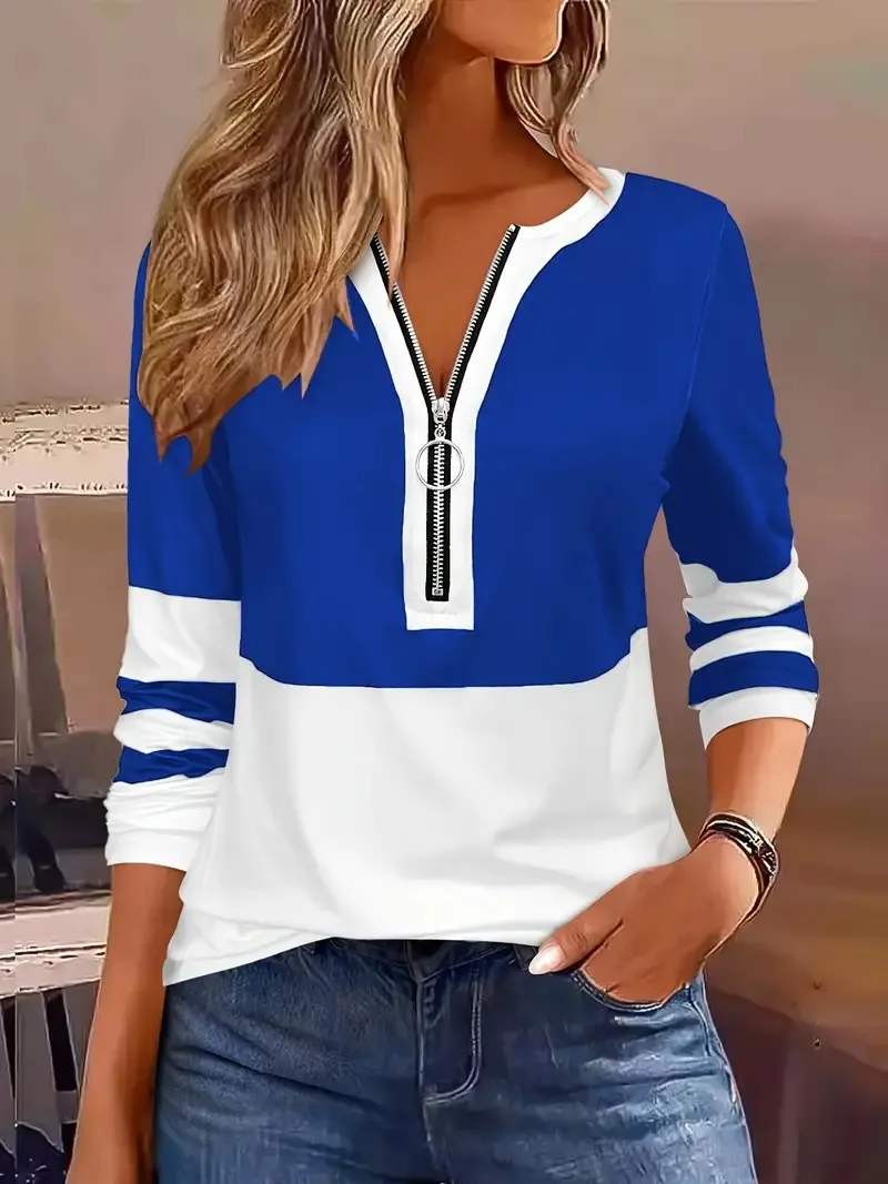 Women's V-collar Contrast Colour Striped Loose Zip Long-sleeved T-shirt - Blue