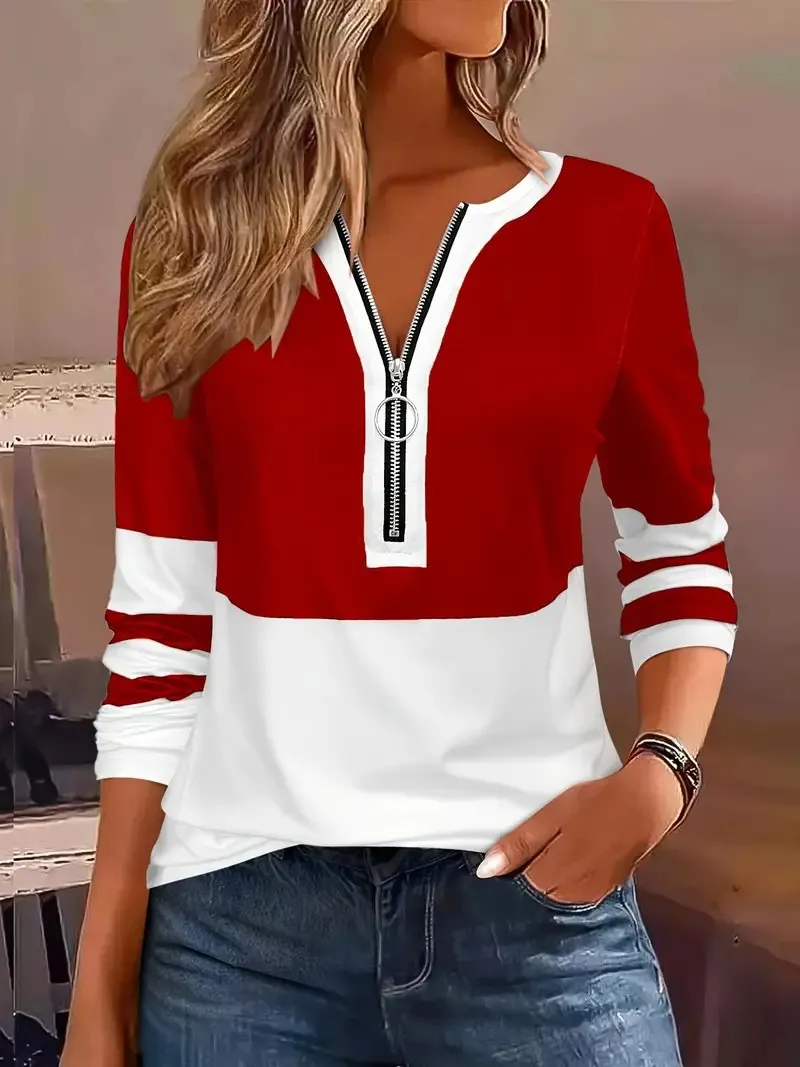 Women's V-collar Contrast Colour Striped Loose Zip Long-sleeved T-shirt - Red