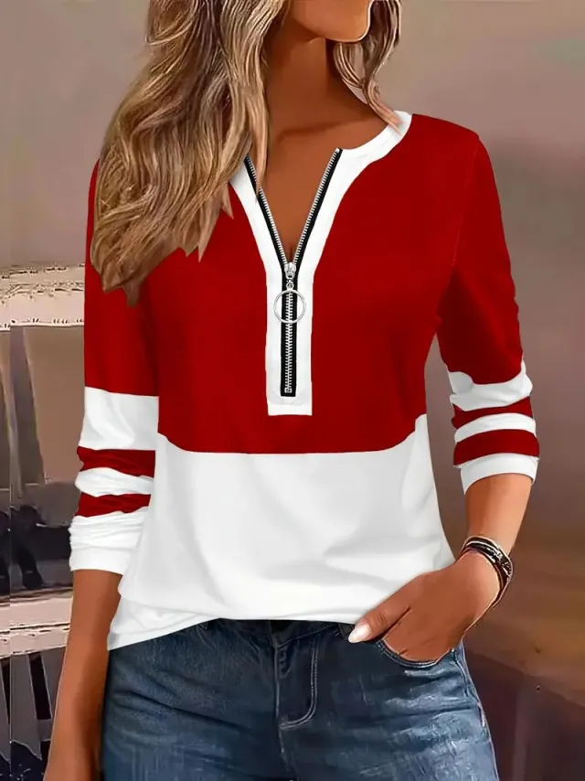 Women's V collar Contrast Color Striped Loose Zip Long sleeved T shirt Red - Shop at LoveMi