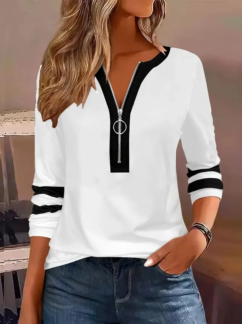 Women's V-collar Contrast Colour Striped Loose Zip Long-sleeved T-shirt - White