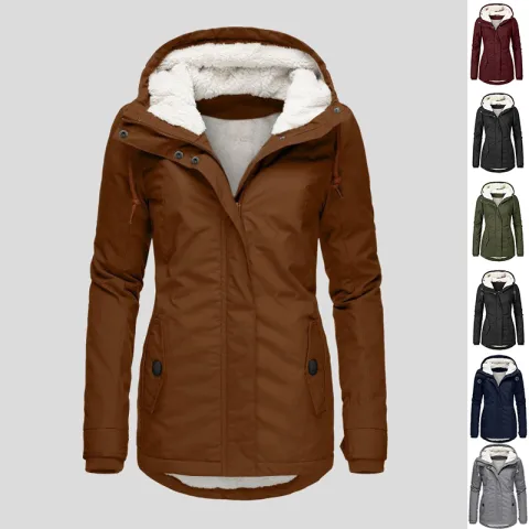 Winter Hooded Jacket Solid Color Warm Buckle Zip-up Fleece