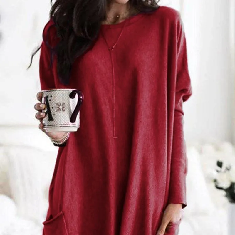 European And American Autumn Long Sleeve Casual Pocket T-shirt Top Women's Clothing - Bright Red