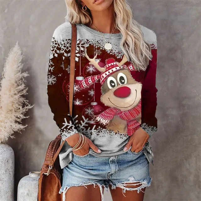 Round Neck Christmas T shirt Printed Long Sleeve Top Wine - Shop at LoveMi
