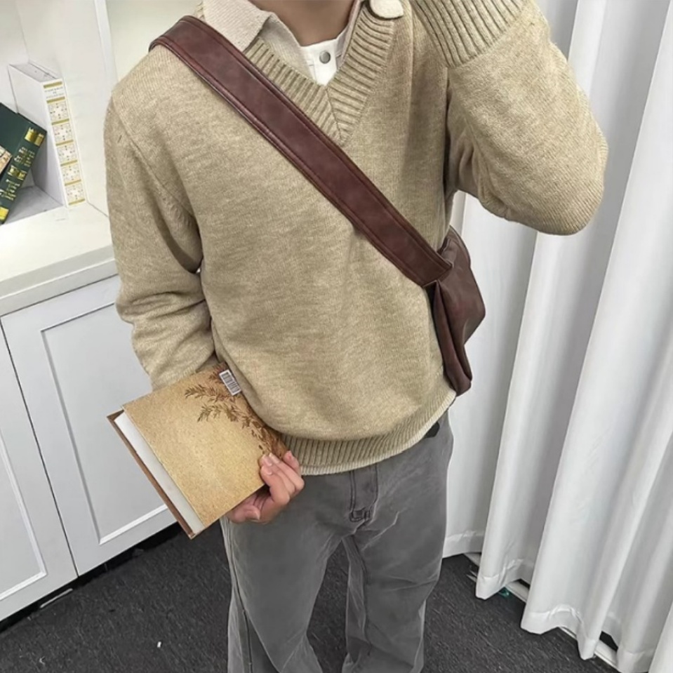 $16.27 Vintage Fake Two-piece V-neck Sweater Men's Knitted Polo Shirt