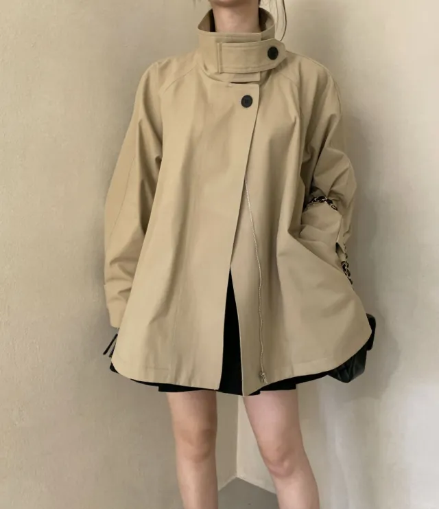 Fall Winter Stand Collar Skirt Elegant Trench Coat Khaki - Shop at LoveMi