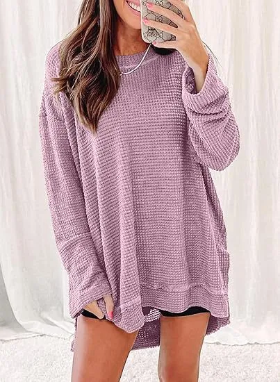 Solid Color Loose fitting Pullover Round neck Waffle Sweater Light Purple - Shop at LoveMi
