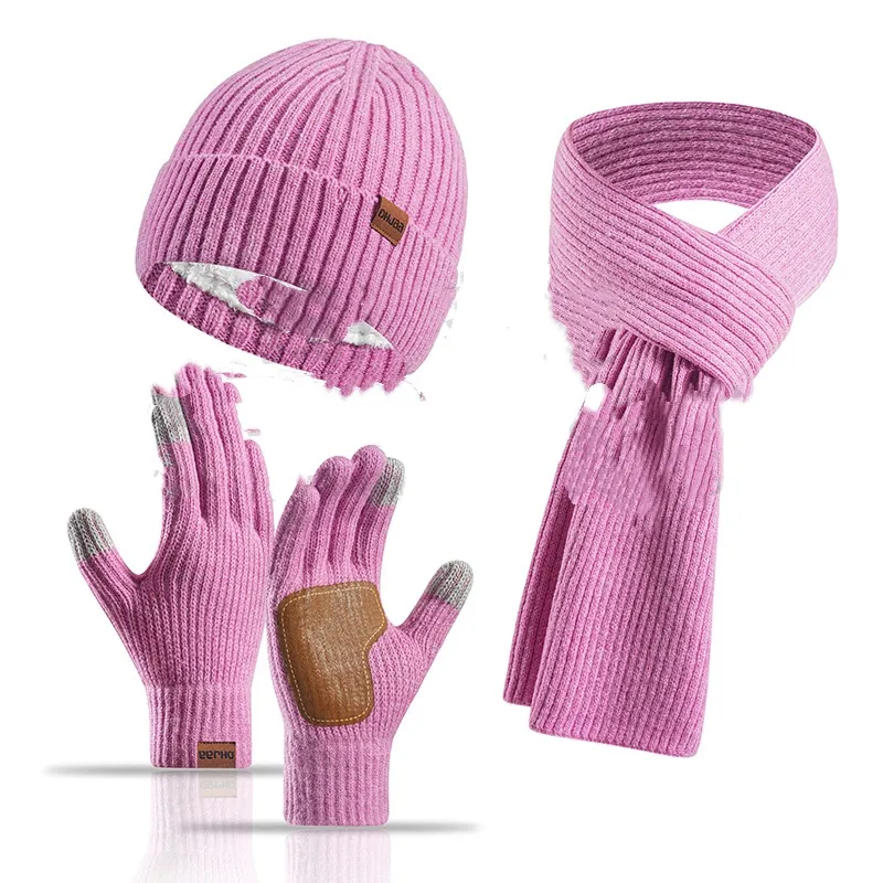 Winter Women's Wool Hat Scarf Gloves Plus Leather Non-slip Three-piece Set - Light Purple