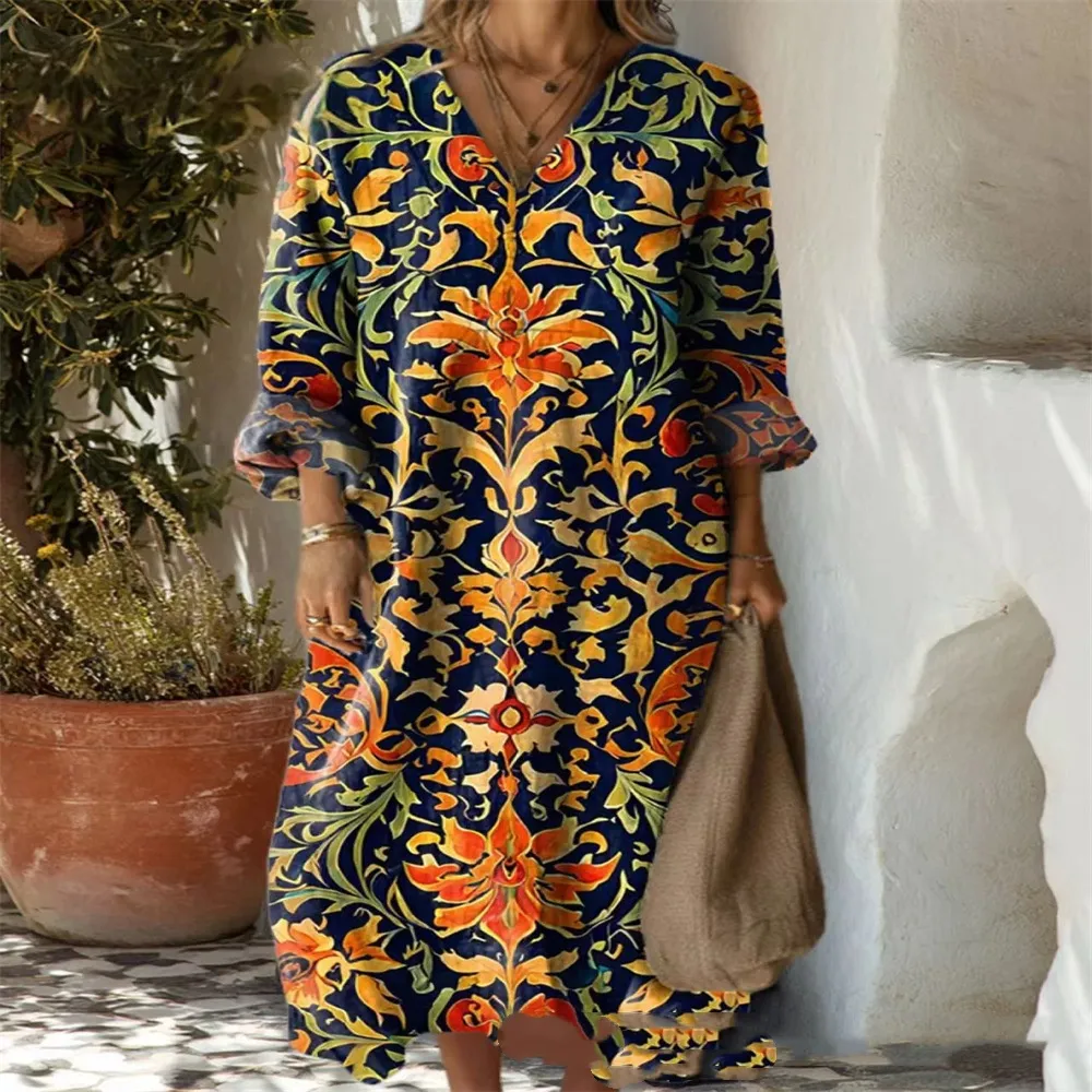 New Women's Linen Long-sleeved Dress - Sdf25-5Xl