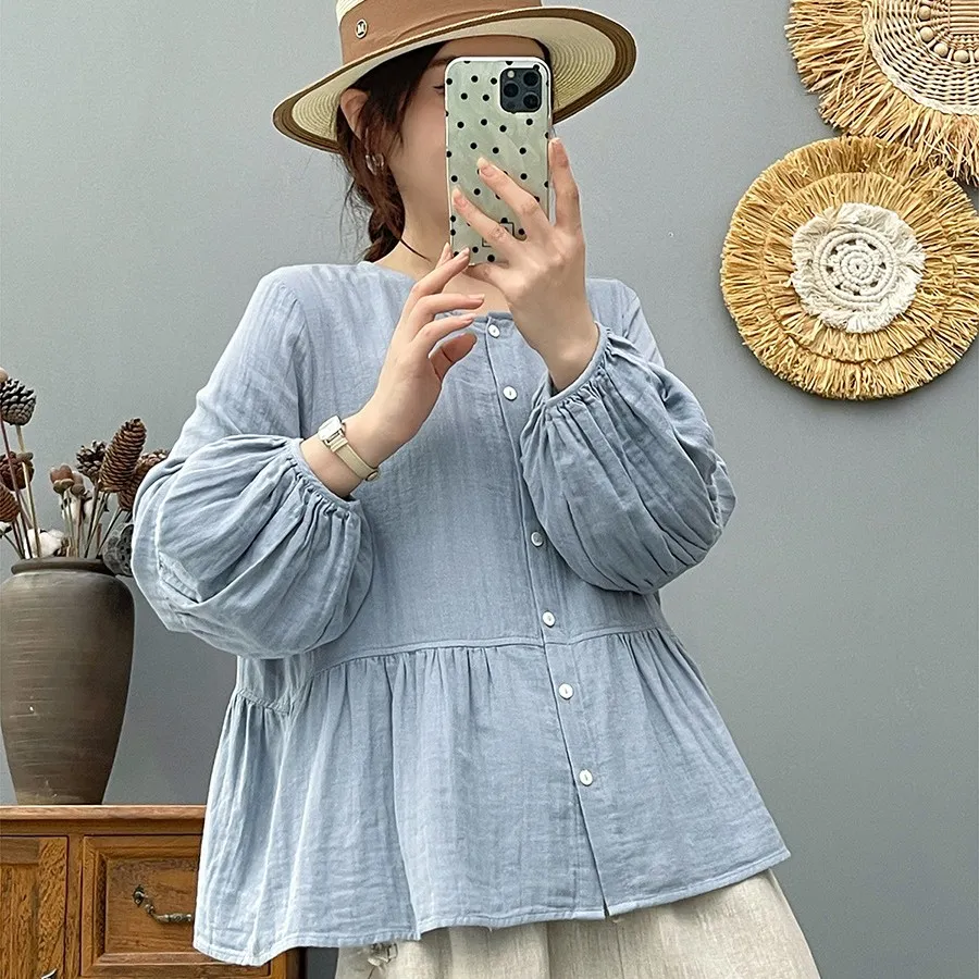 Women's Loose Double-layer Cotton Yarn Top Round Neck - Blue