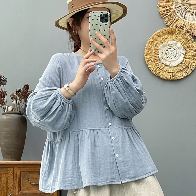 Women's Loose Double layer Cotton Yarn Top Round Neck Blue - Shop at LoveMi