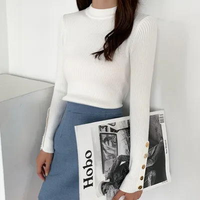 Women's Half Turtleneck Sweater Long Sleeve Pullover Bottoming Shirt - White