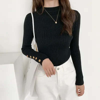 Women's Half Turtleneck Sweater Long Sleeve Pullover Bottoming Shirt Black - Shop at LoveMi