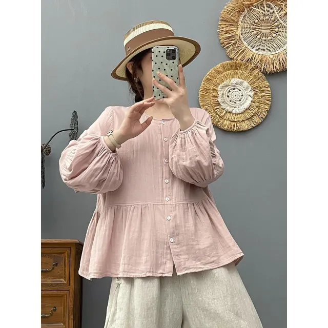 Women's Loose Double layer Cotton Yarn Top Round Neck Leather Pink - Shop at LoveMi