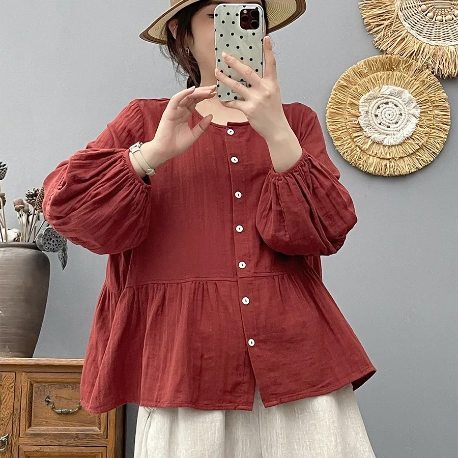 Women's Loose Double-layer Cotton Yarn Top Round Neck - Wine