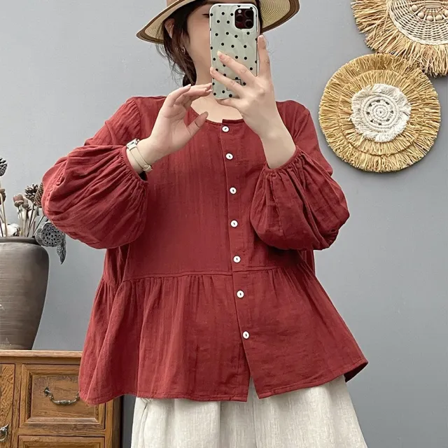 Women's Loose Double layer Cotton Yarn Top Round Neck Wine - Shop at LoveMi
