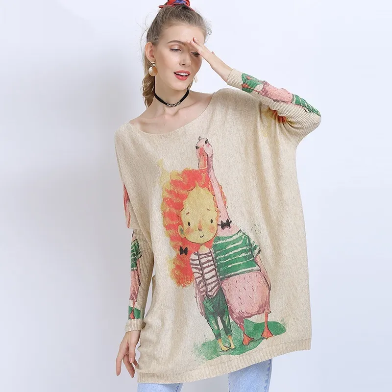 European And American Leisure Cartoon Animal Knitted Pullover Top - Apricot