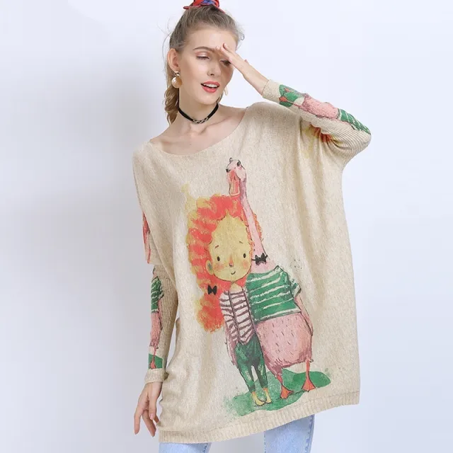 European And American Leisure Cartoon Animal Knitted Pullover Top Apricot - Shop at LoveMi