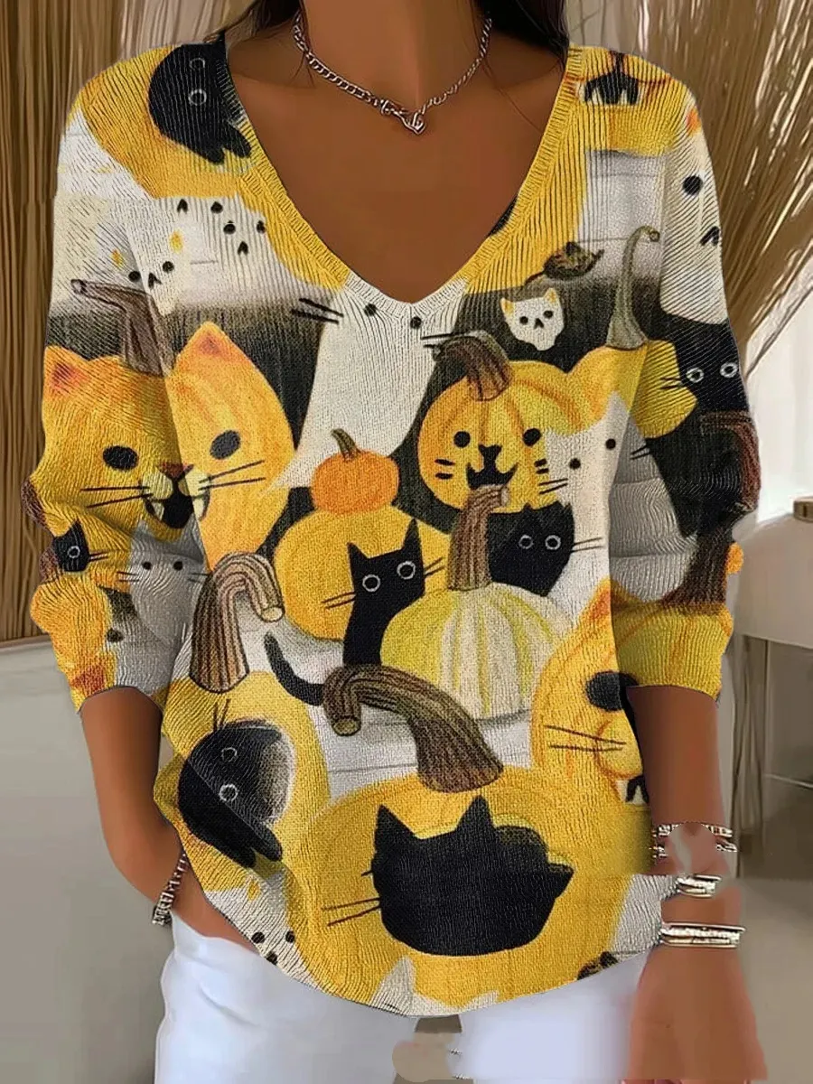 Women's 3D Printed Fashionable Gradient Color V-neck Long-sleeved T-shirt - Xkvx07Sx5326