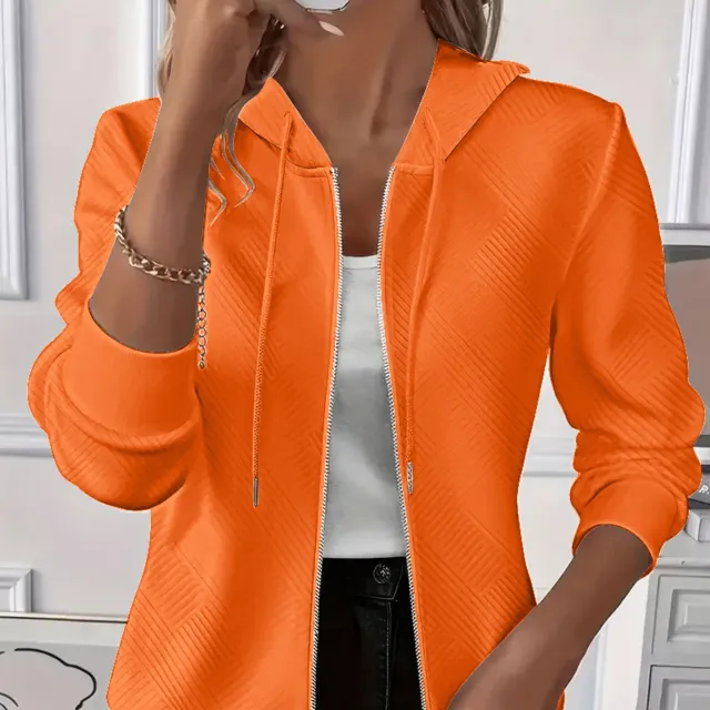 Solid Color Long Sleeve Knitted Zipper Hoodie Coat Women Orange - Shop at LoveMi