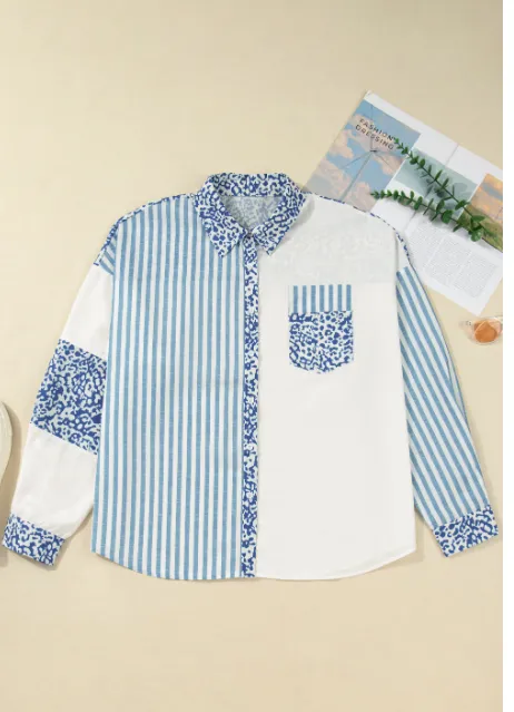 Sky Blue Leopard Striped Patchwork Casual Plus Shirt Sky Blue - Shop at LoveMi