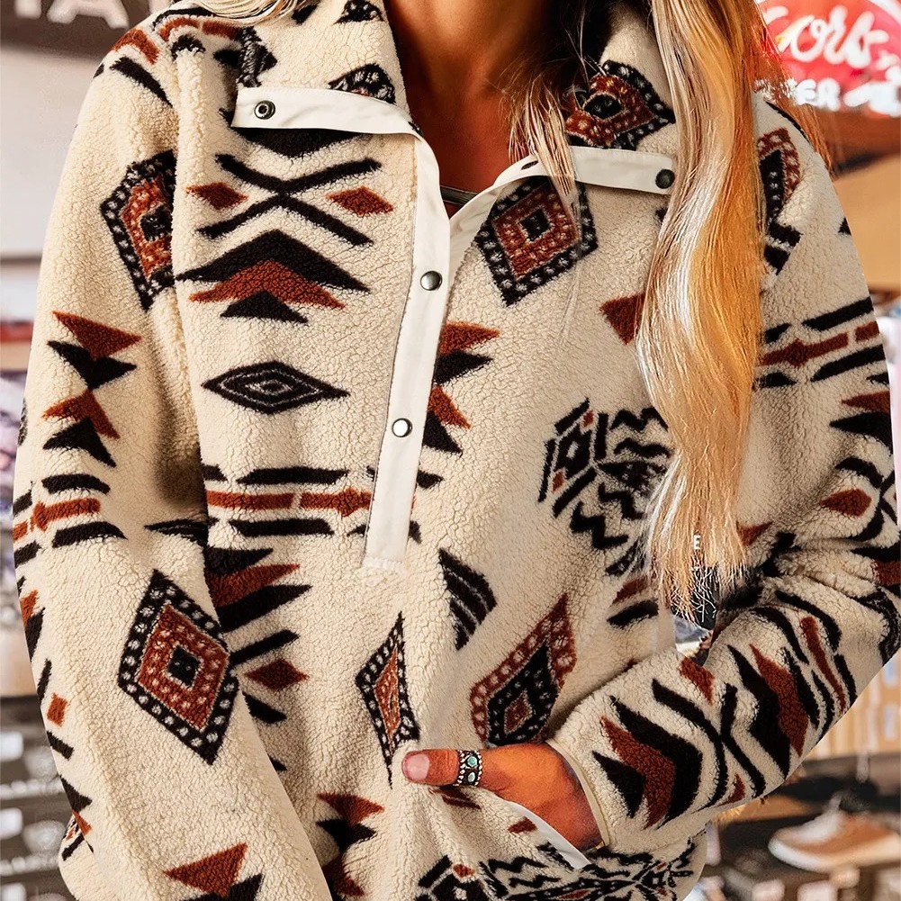 Beige Western Aztec Half Zip Plush Sweatshirt