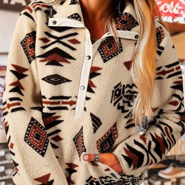 Beige Western Aztec Half Zip Plush Sweatshirt Beige - Shop at LoveMi