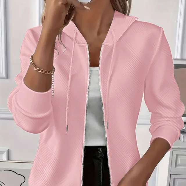 Solid Color Long Sleeve Knitted Zipper Hoodie Coat Women Pink - Shop at LoveMi